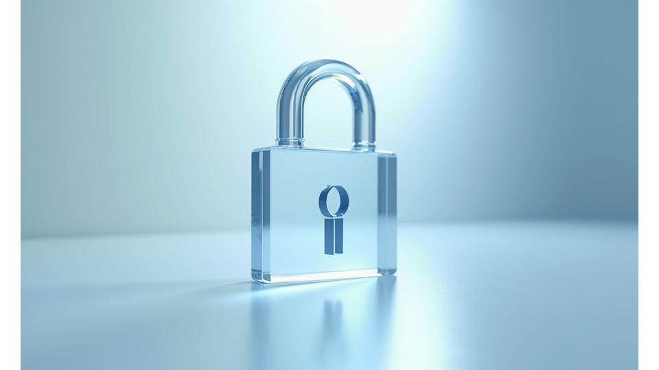 透明な南京錠が光る様子で、個人情報保護の堅牢なセキュリティ体制を象徴